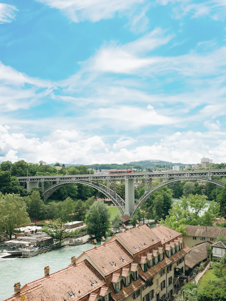 A view of a city with a bridge and buildings